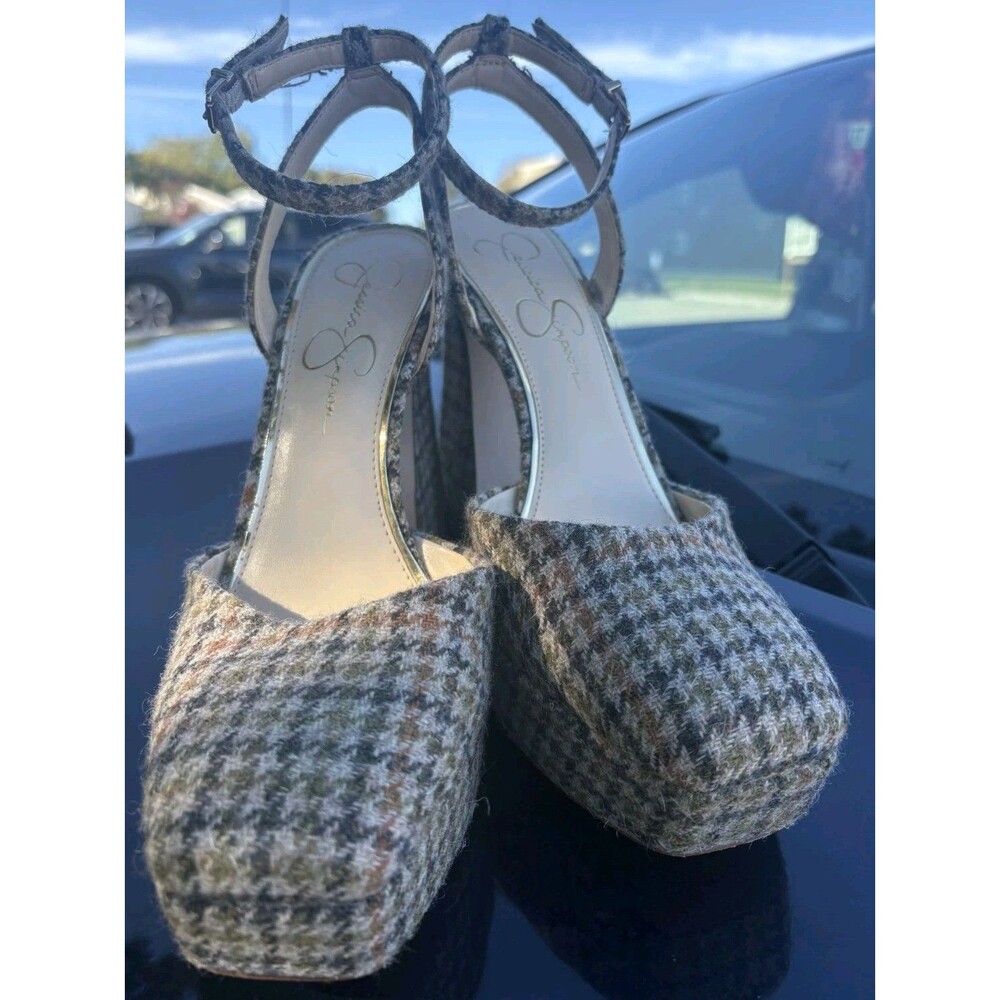 Jessica Simpson Tweed Platform Heels Women's 8.5 Ankle Strap Chunky Block Heel